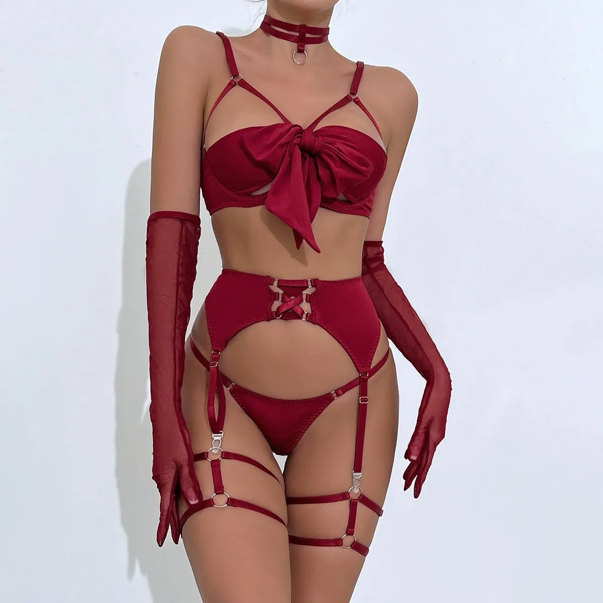 The Velvet Bow | Bow Tie Steel Ring Gather Lingerie Four-Piece Set sold by Negative