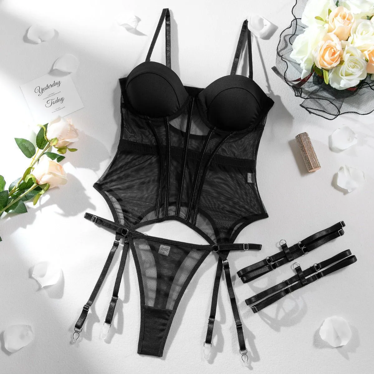 The Silken Embrace | Transparent Mesh Splicing Gathered Jumpsuit Lingerie Set sold by Negative product image thumbnail 4