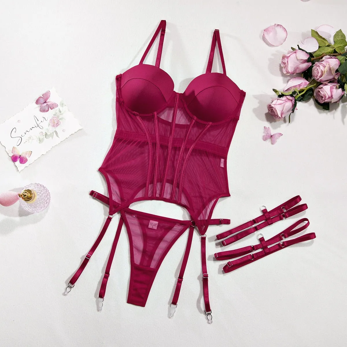 The Silken Embrace | Transparent Mesh Splicing Gathered Jumpsuit Lingerie Set sold by Negative product image thumbnail 3