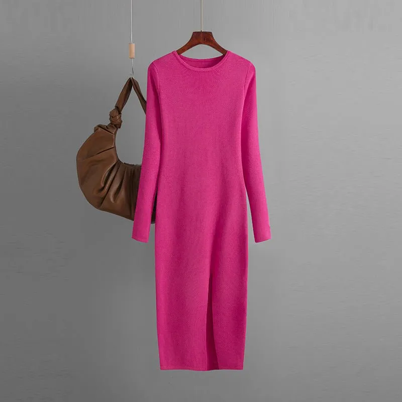 The Sultry Silhouette | Solid Color Long-Sleeve Round Neck Slit Knit Midi Dress sold by Negative product image thumbnail 4