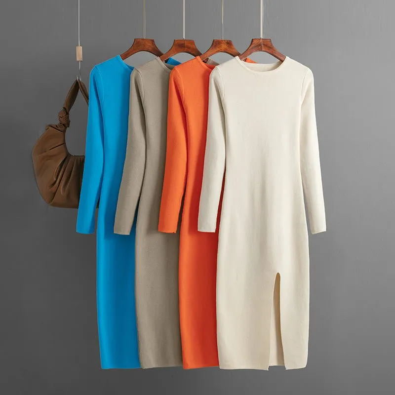 The Sultry Silhouette | Solid Color Long-Sleeve Round Neck Slit Knit Midi Dress made by Negative