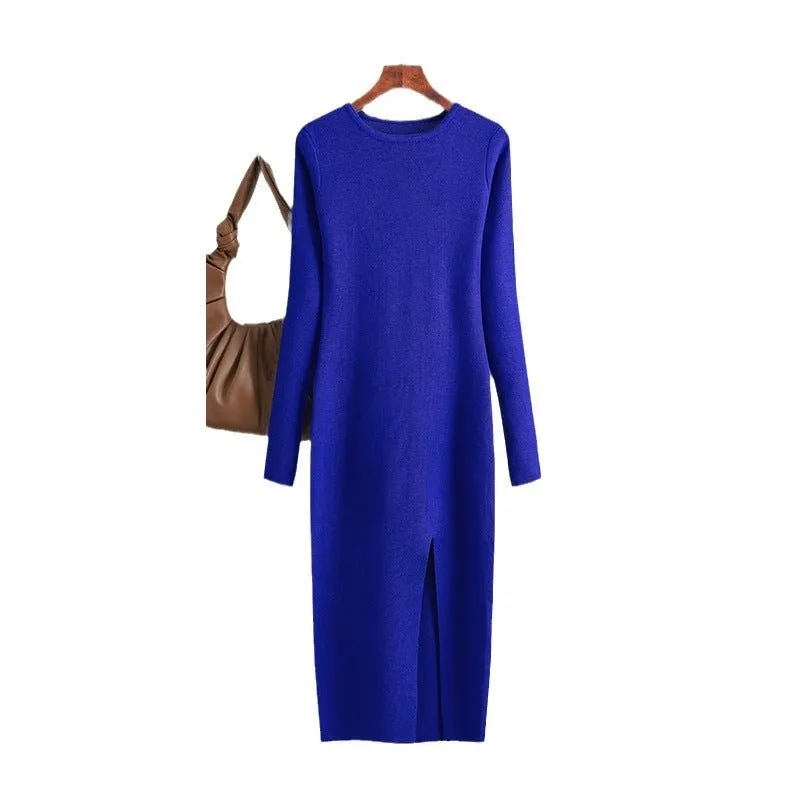The Sultry Silhouette | Solid Color Long-Sleeve Round Neck Slit Knit Midi Dress sold by Negative product image thumbnail 5