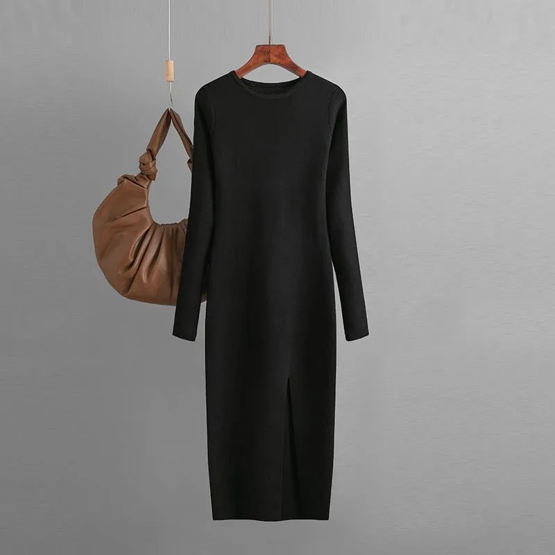 The Sultry Silhouette | Solid Color Long-Sleeve Round Neck Slit Knit Midi Dress sold by Negative product image thumbnail 2