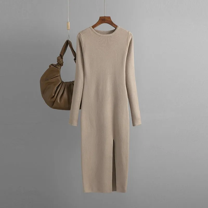 The Sultry Silhouette | Solid Color Long-Sleeve Round Neck Slit Knit Midi Dress sold by Negative product image thumbnail 3