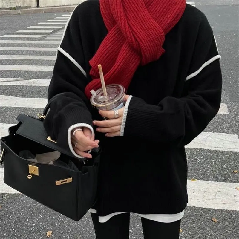 The Phoenix Contrast | Solid Color Crew Neck Color-Matching Knit Pullover Sweater sold by Negative product image thumbnail 4