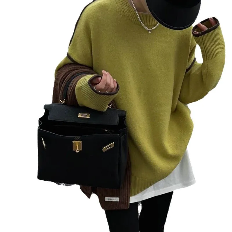 The Phoenix Contrast | Solid Color Crew Neck Color-Matching Knit Pullover Sweater sold by Negative product image thumbnail 5