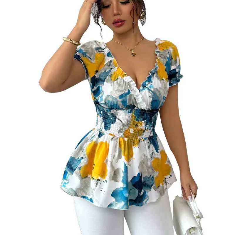 2025 Summer and Holiday Style Deep V Neck Shirt Tie-Dye Slim Pullover Top for Women sold by Negative product image thumbnail 5