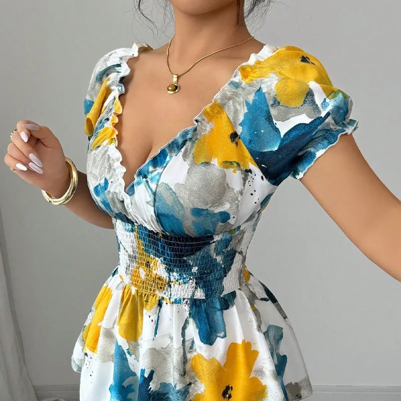 2025 Summer and Holiday Style Deep V Neck Shirt Tie-Dye Slim Pullover Top for Women sold by Negative product image thumbnail 2