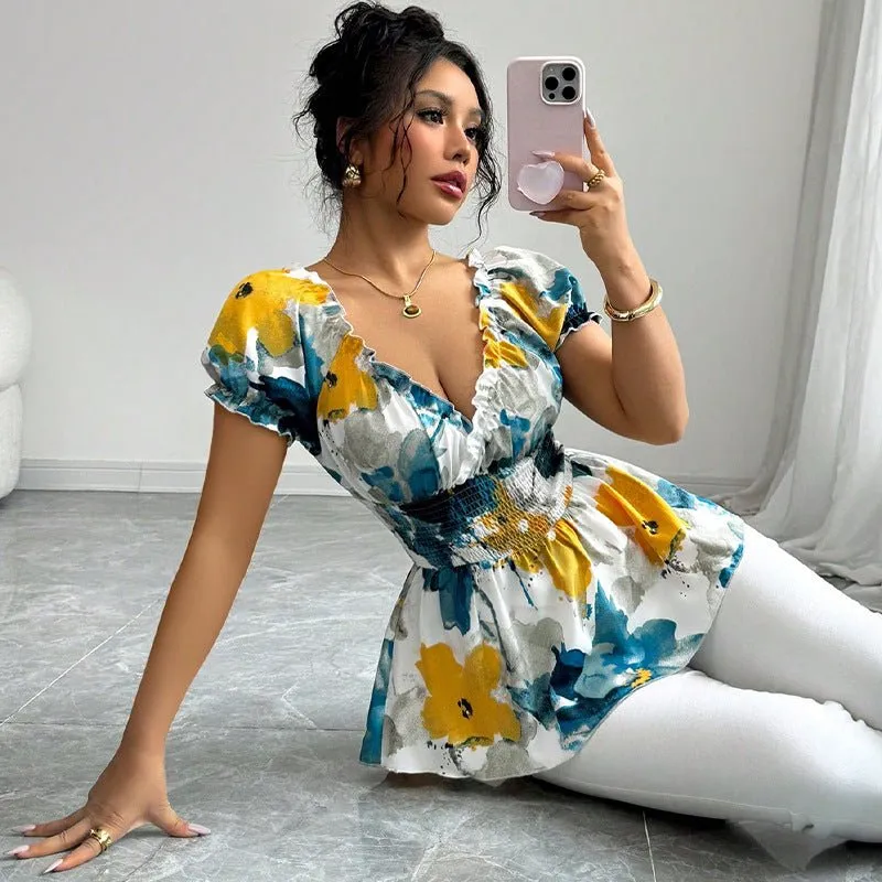 2025 Summer and Holiday Style Deep V Neck Shirt Tie-Dye Slim Pullover Top for Women sold by Negative product image thumbnail 3
