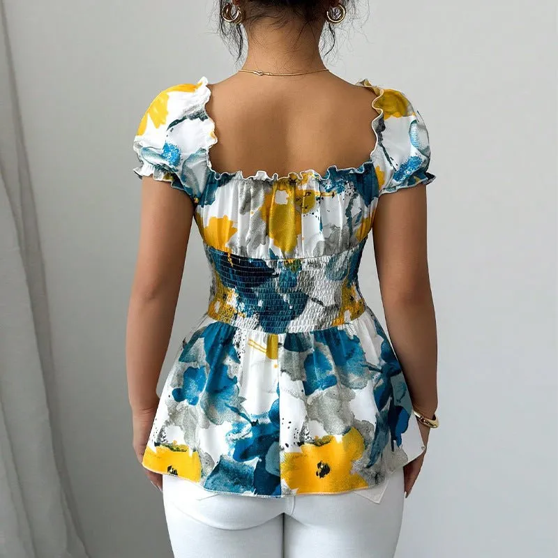 2025 Summer and Holiday Style Deep V Neck Shirt Tie-Dye Slim Pullover Top for Women sold by Negative product image thumbnail 4