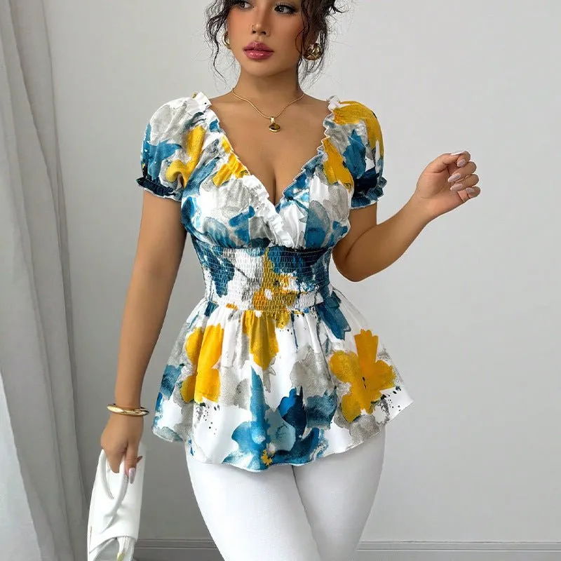2025 Summer and Holiday Style Deep V Neck Shirt Tie-Dye Slim Pullover Top for Women sold by Negative