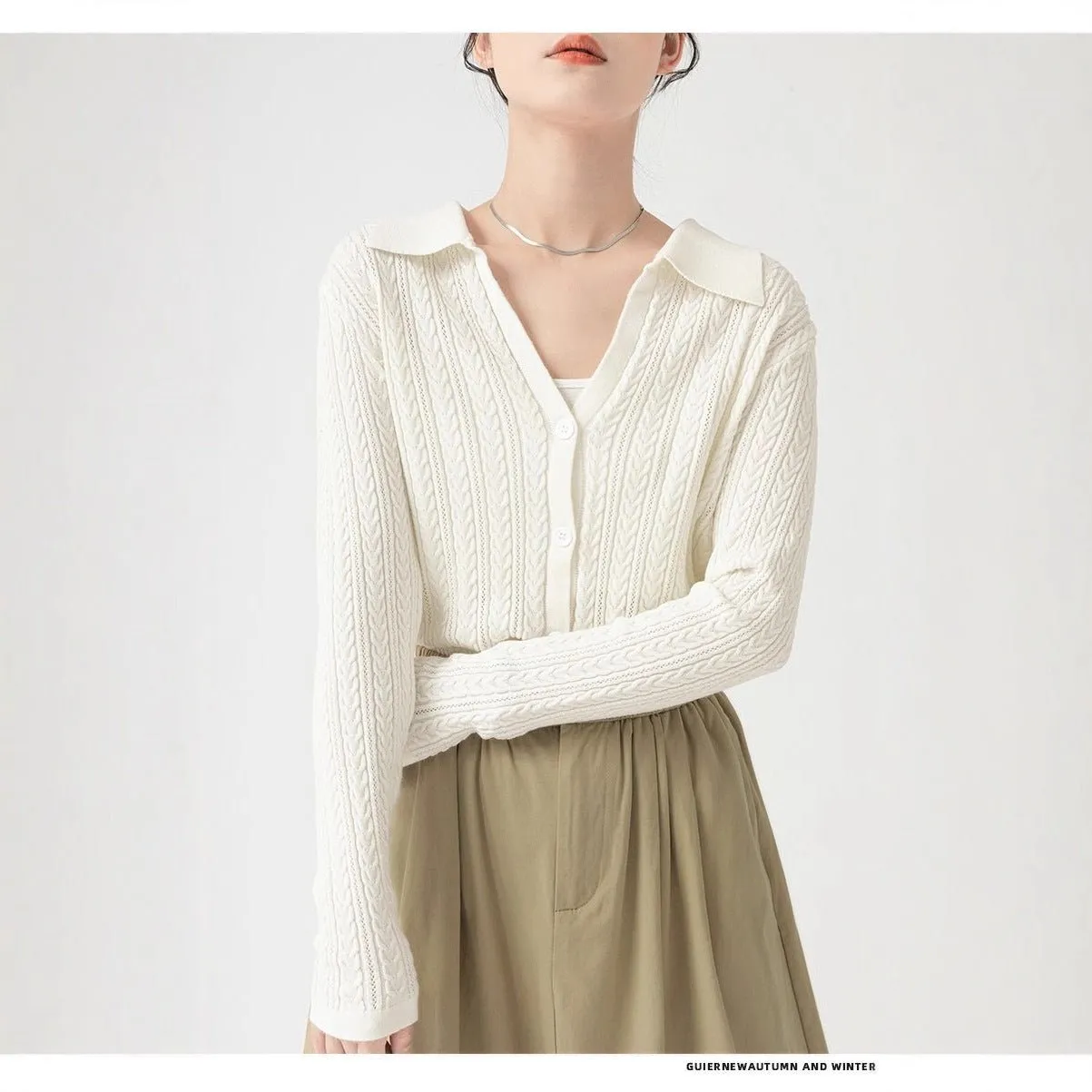Women’s Slim-Fit Polo-Collar Cardigan Sweater – Elegant & Comfortable Commuter Style, Autumn 2025 sold by Negative