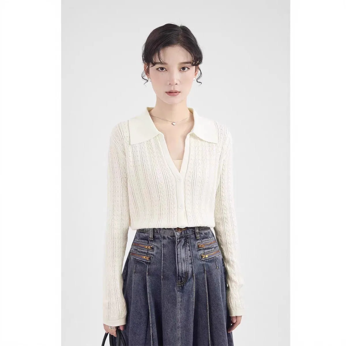 Women’s Slim-Fit Polo-Collar Cardigan Sweater – Elegant & Comfortable Commuter Style, Autumn 2025 sold by Negative product image thumbnail 3