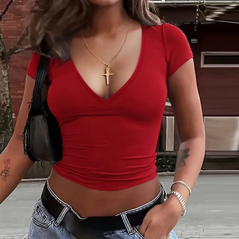 Women’s Milk Silk V-Neck Short Sleeve T-Shirt | Slim Fit Elastic Pullover | Soft Polyester Spandex Top for Daily & Vacation Wear sold by Negative