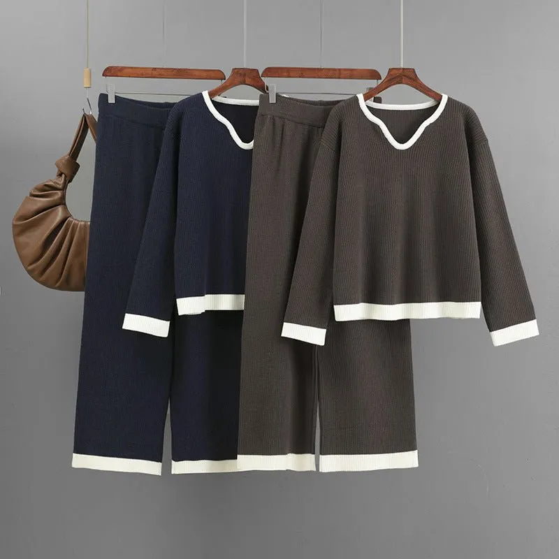 The Urban Contrast | Pit Strip Knitted V-Neck Top & Wide-Leg Pants Set sold by Negative