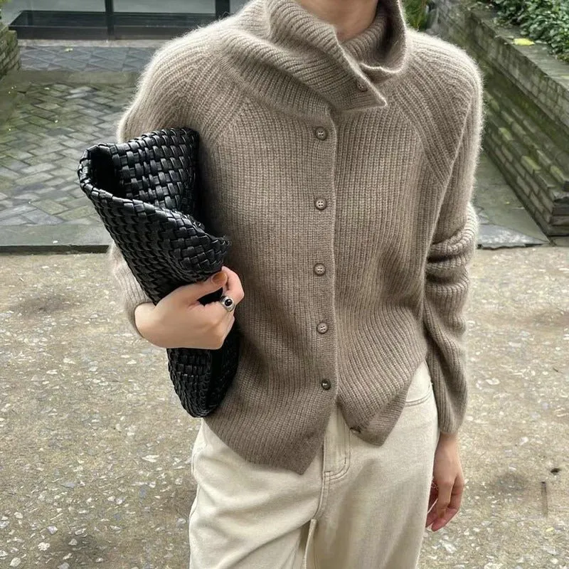 The Retro Luxe | Solid Color Cashmere Blend Stand Collar Knit Cardigan sold by Negative