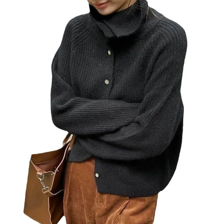 The Retro Luxe | Solid Color Cashmere Blend Stand Collar Knit Cardigan sold by Negative product image thumbnail 5