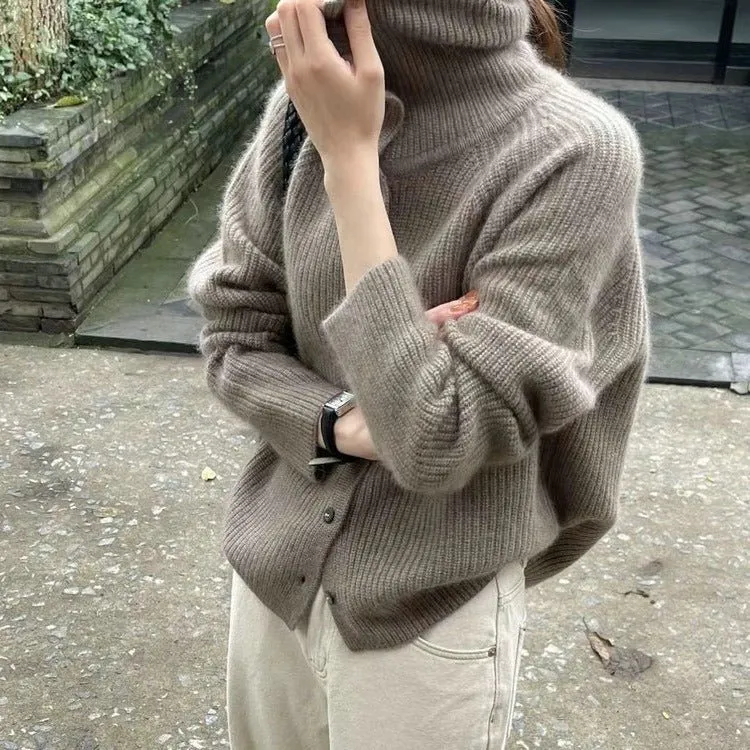 The Retro Luxe | Solid Color Cashmere Blend Stand Collar Knit Cardigan sold by Negative product image thumbnail 2