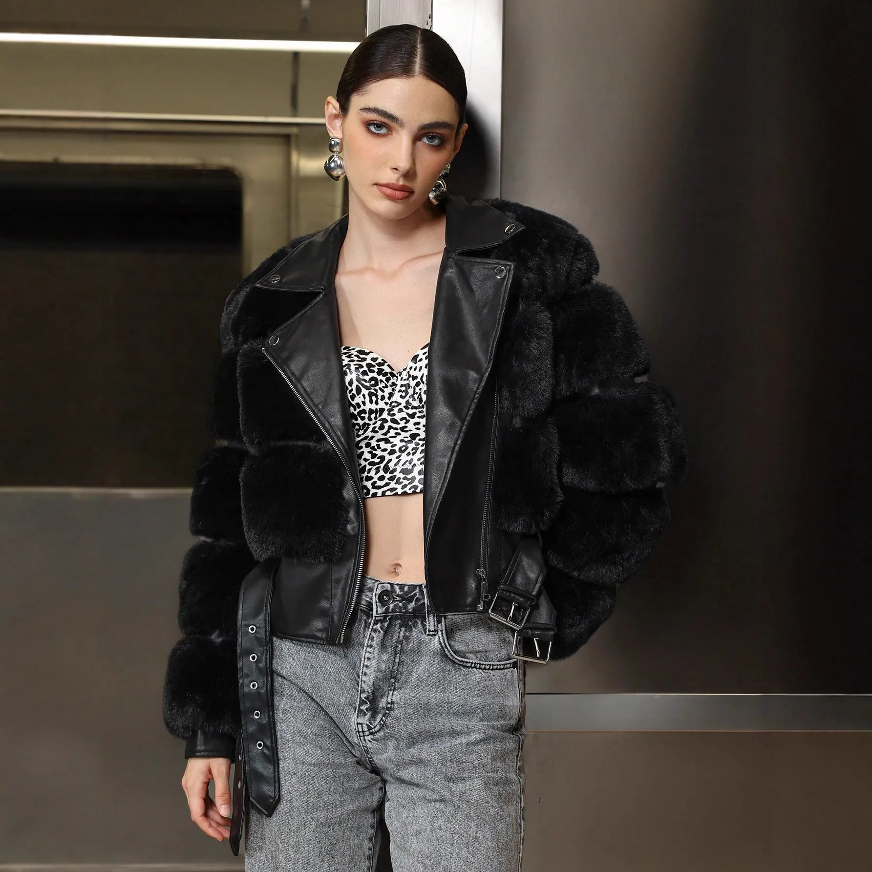 Elegant Fur | Long Black Faux Fur Lapel Zipper Coat sold by Negative