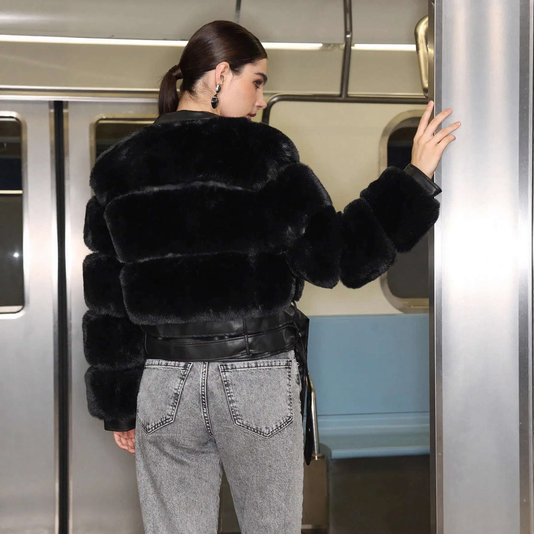 Elegant Fur | Long Black Faux Fur Lapel Zipper Coat sold by Negative product image thumbnail 2