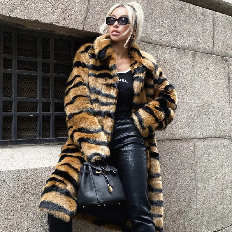 The Wild Sovereign | Imitation Tiger Pattern Extended Faux Fur Coat made by Negative