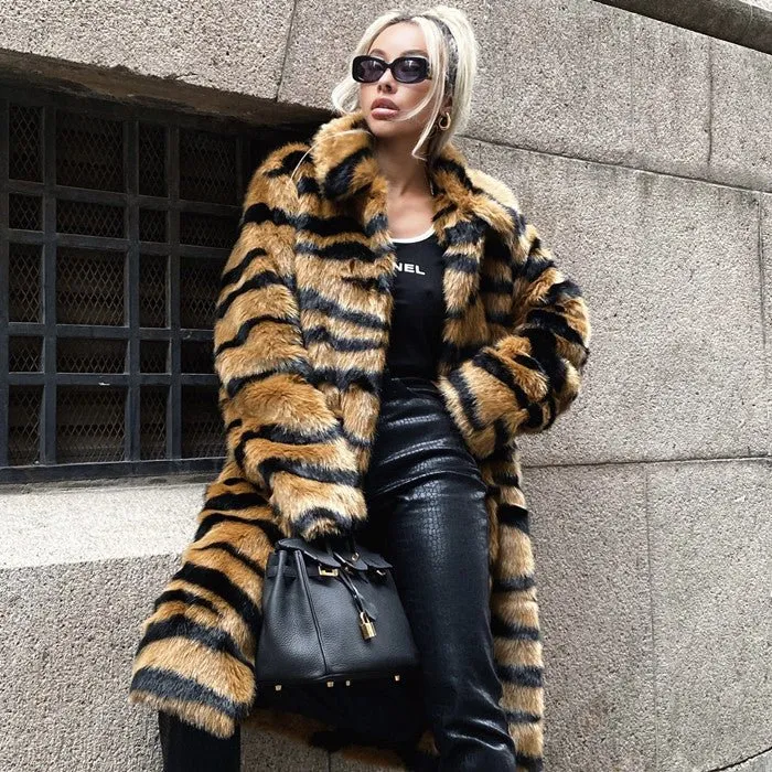 The Wild Sovereign | Imitation Tiger Pattern Extended Faux Fur Coat sold by Negative