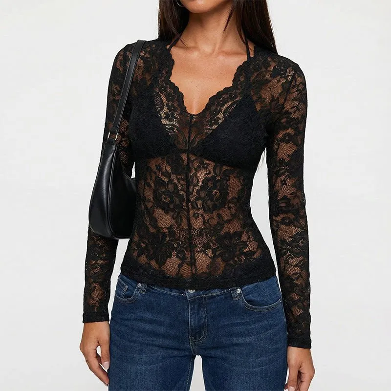 Noir Ethereal | Slim V-Neck Lace Long Sleeve Top sold by Negative