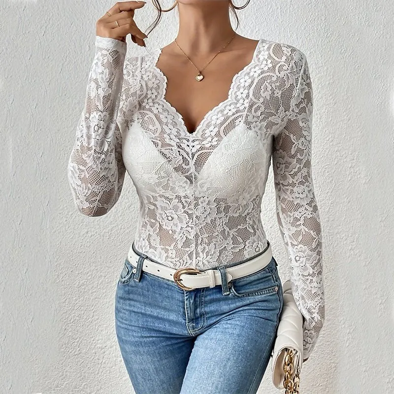 Noir Ethereal | Slim V-Neck Lace Long Sleeve Top sold by Negative product image thumbnail 3