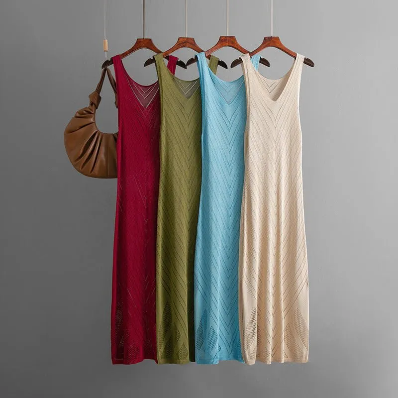 The Coastal Whisper | V-Neck Hollow Knit Sleeveless Maxi Dress made by Negative