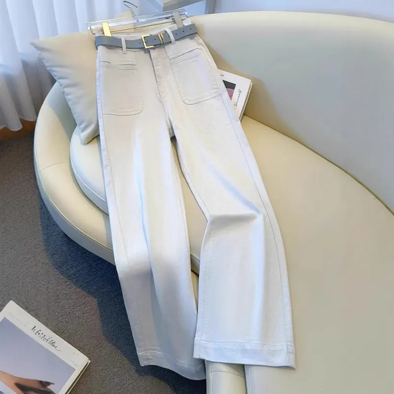 White Women’s High-Waist Straight Denim Jeans – Literary Art Retro Style with Multi-Pocket & Button Detail | Spring 2025 Collection made by Negative