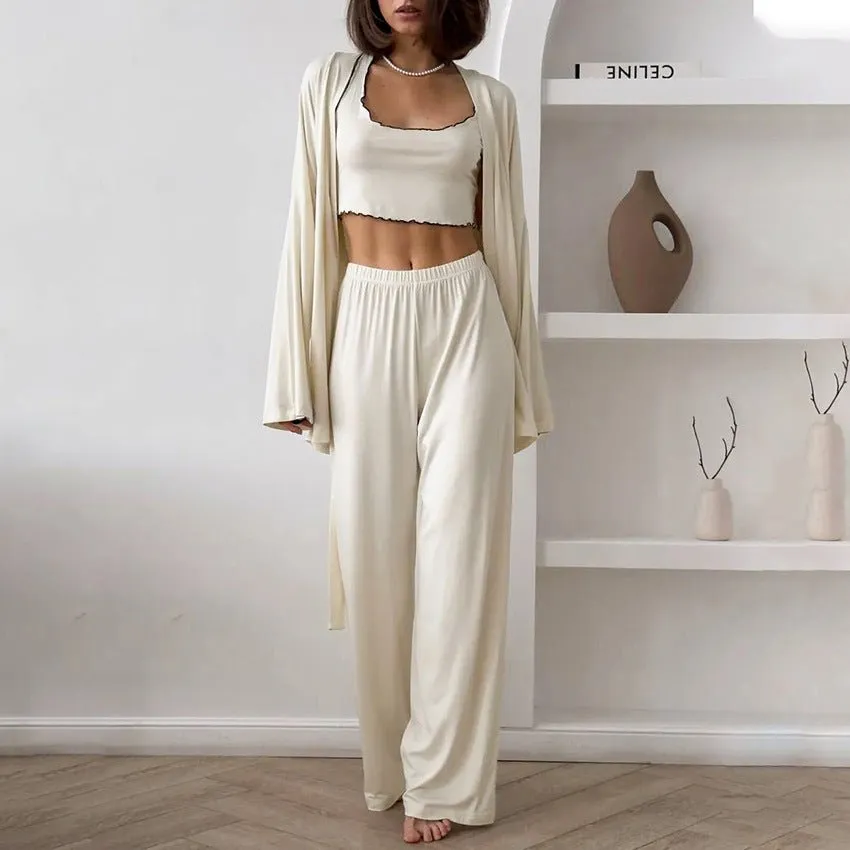 Cloud-Soft Dream | Ruffled Milk Silk 3-Piece Pajama Set sold by Negative product image thumbnail 5