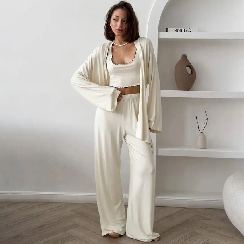 Cloud-Soft Dream | Ruffled Milk Silk 3-Piece Pajama Set sold by Negative product image thumbnail 2