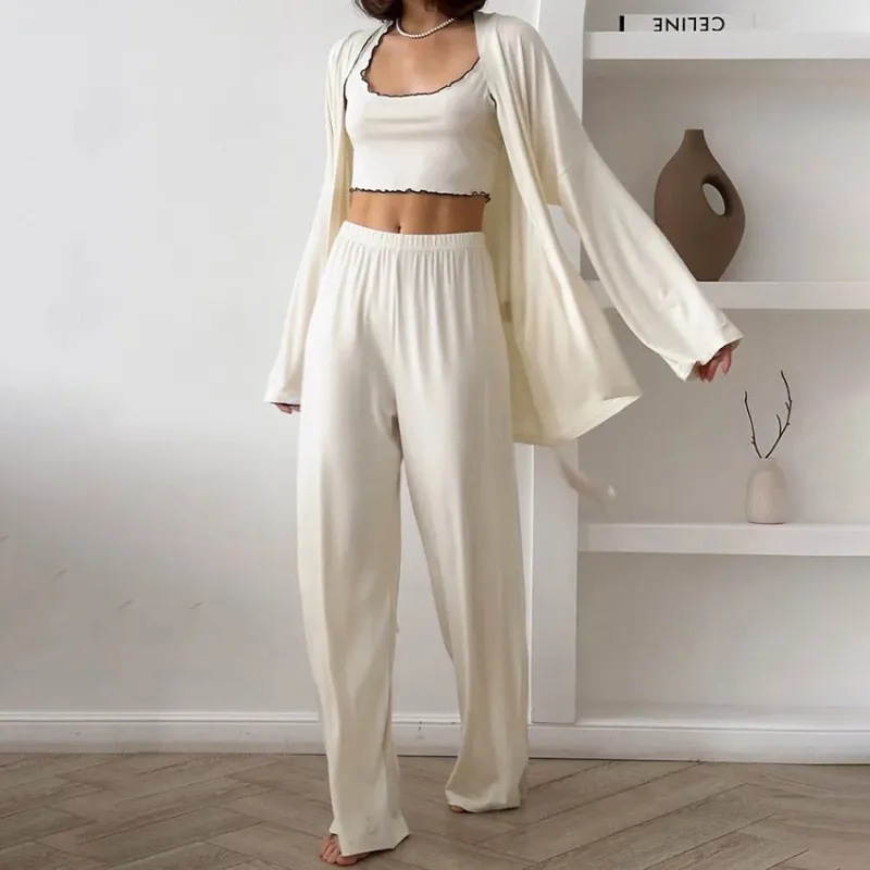 Cloud-Soft Dream | Ruffled Milk Silk 3-Piece Pajama Set made by Negative