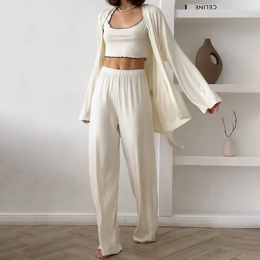 Cloud-Soft Dream | Ruffled Milk Silk 3-Piece Pajama Set sold by Negative