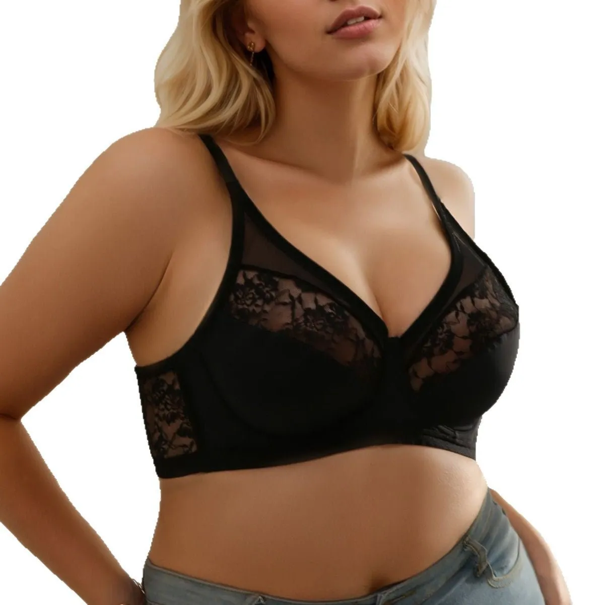The Midnight Lace | Plus Size Black Lace Splicing Underwire Bra sold by Negative product image thumbnail 5