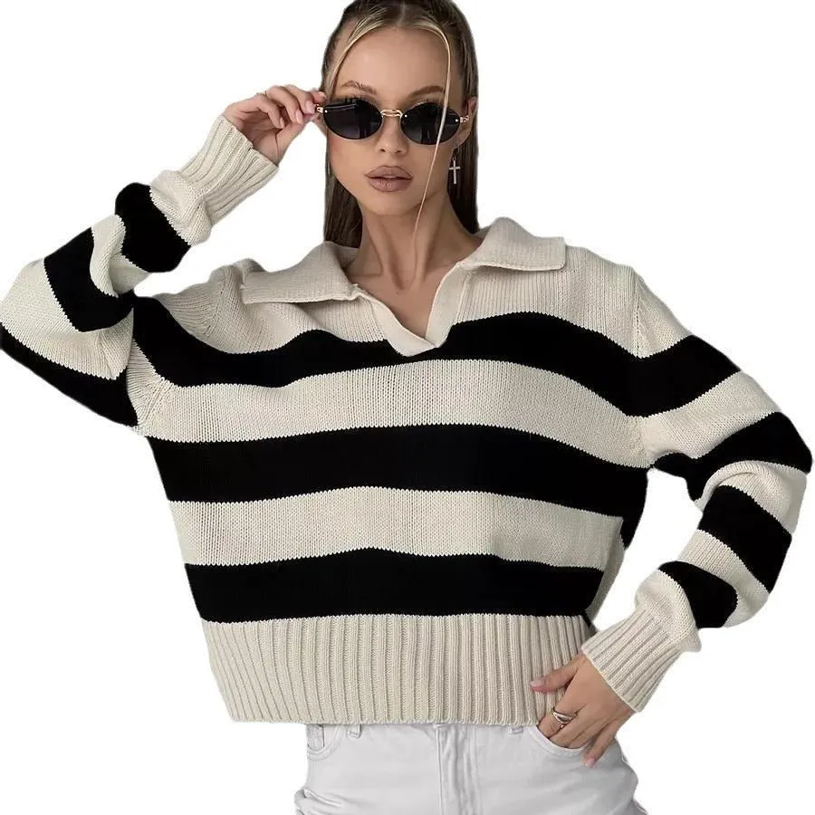 The Apricot Breeze | Solid Striped Polo Collar Knitted Pullover Sweater sold by Negative product image thumbnail 5
