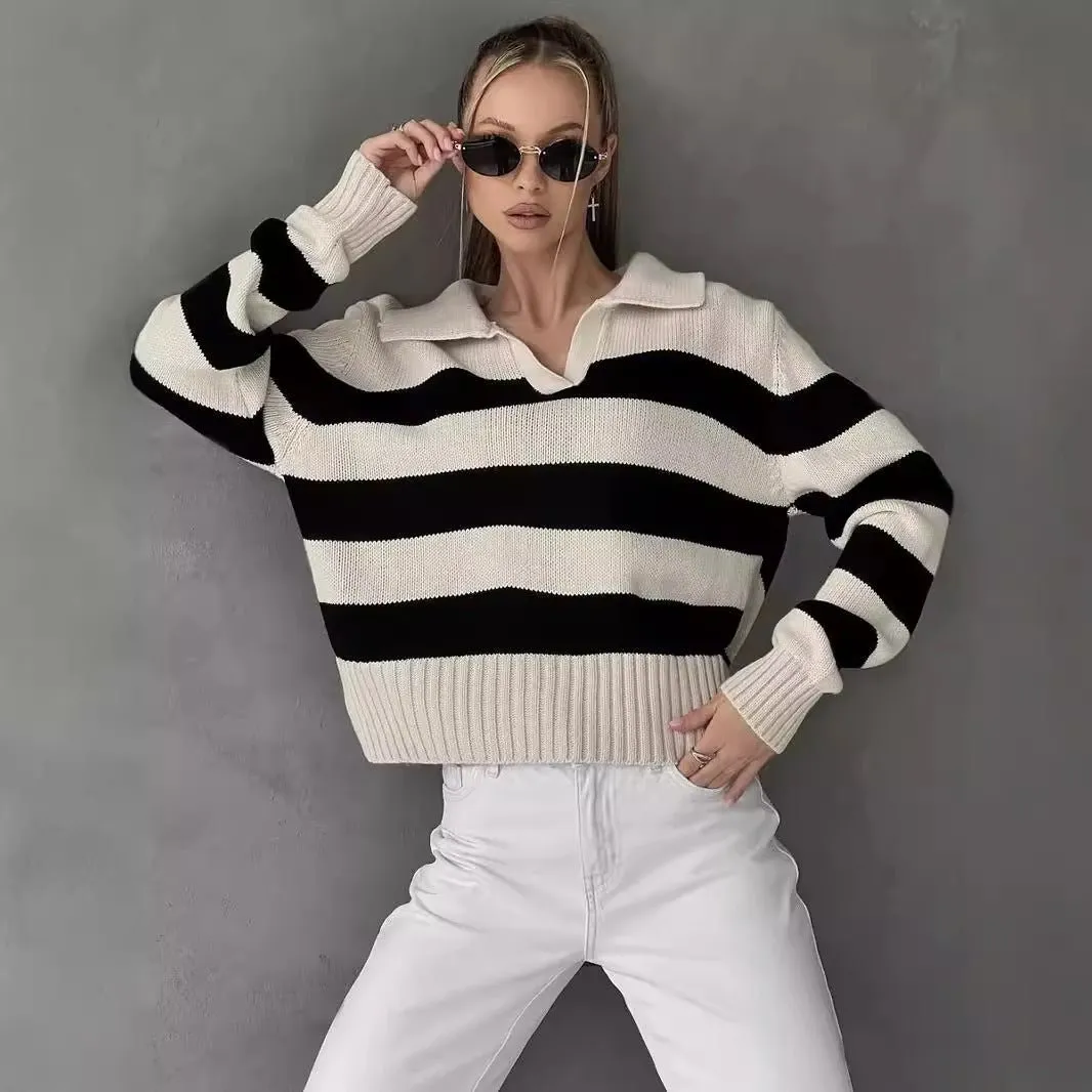 The Apricot Breeze | Solid Striped Polo Collar Knitted Pullover Sweater sold by Negative product image thumbnail 2