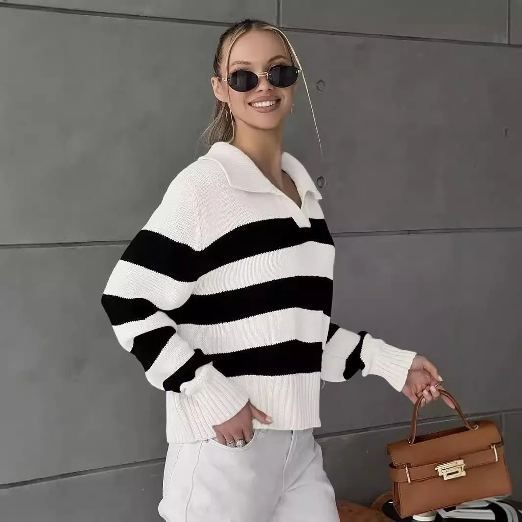 The Apricot Breeze | Solid Striped Polo Collar Knitted Pullover Sweater sold by Negative product image thumbnail 3