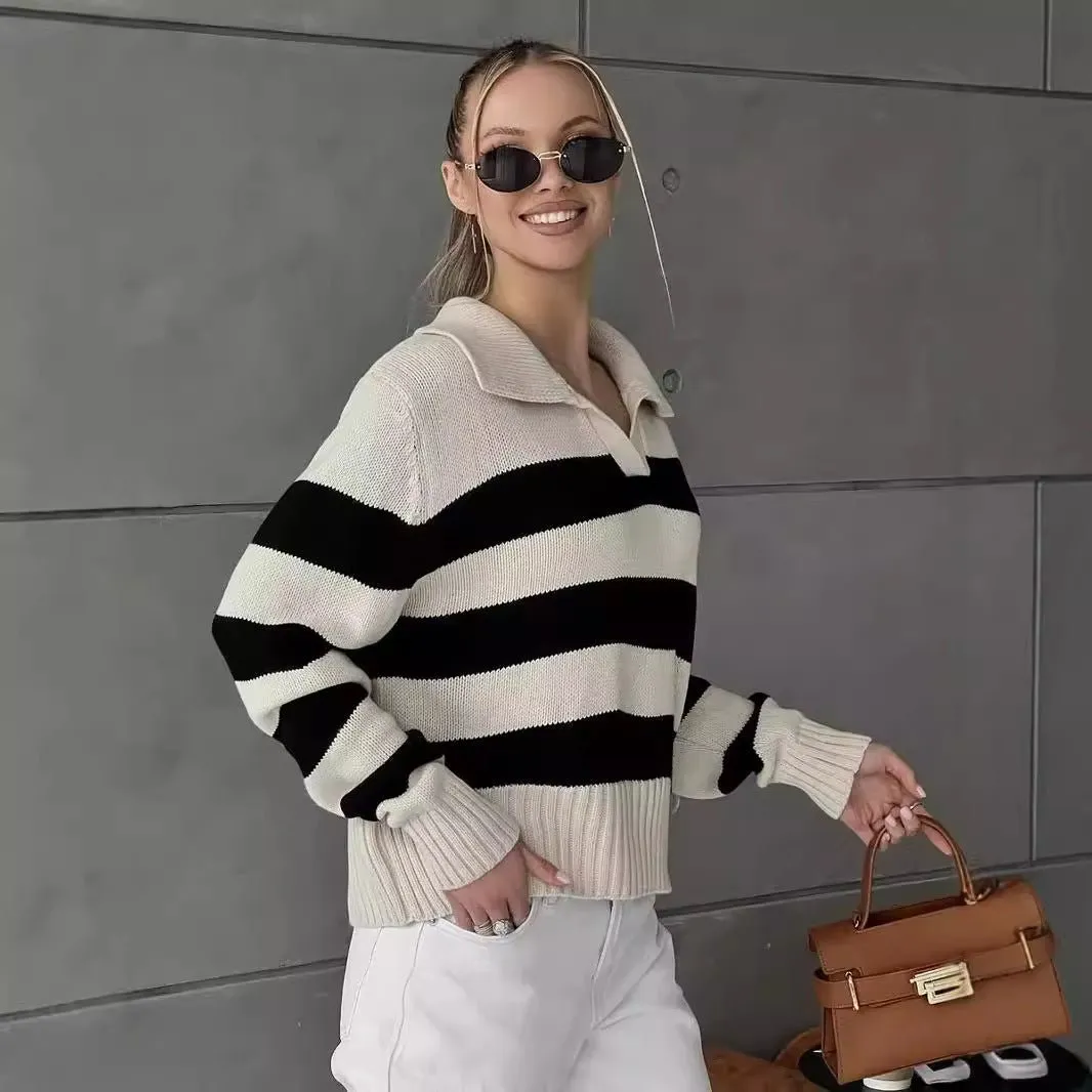 The Apricot Breeze | Solid Striped Polo Collar Knitted Pullover Sweater sold by Negative product image thumbnail 4