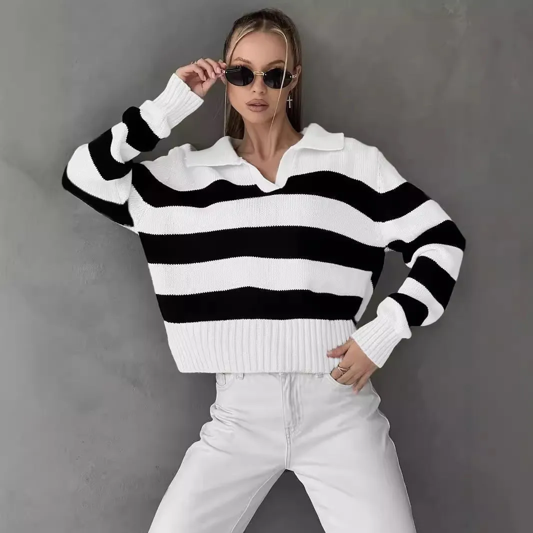 The Apricot Breeze | Solid Striped Polo Collar Knitted Pullover Sweater sold by Negative