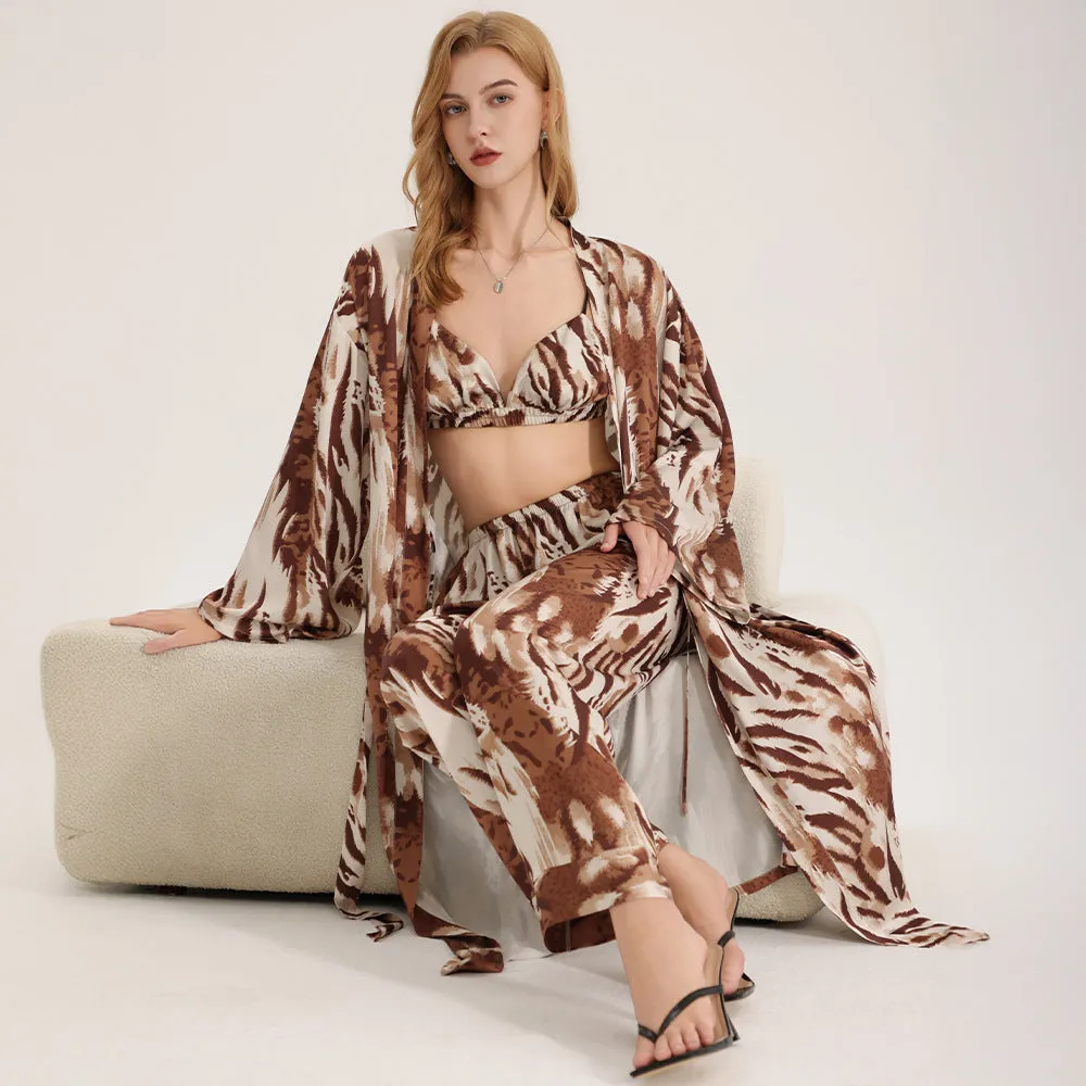 The Wild Elegance | Leopard Print Satin Three-Piece Sleepwear Set sold by Negative
