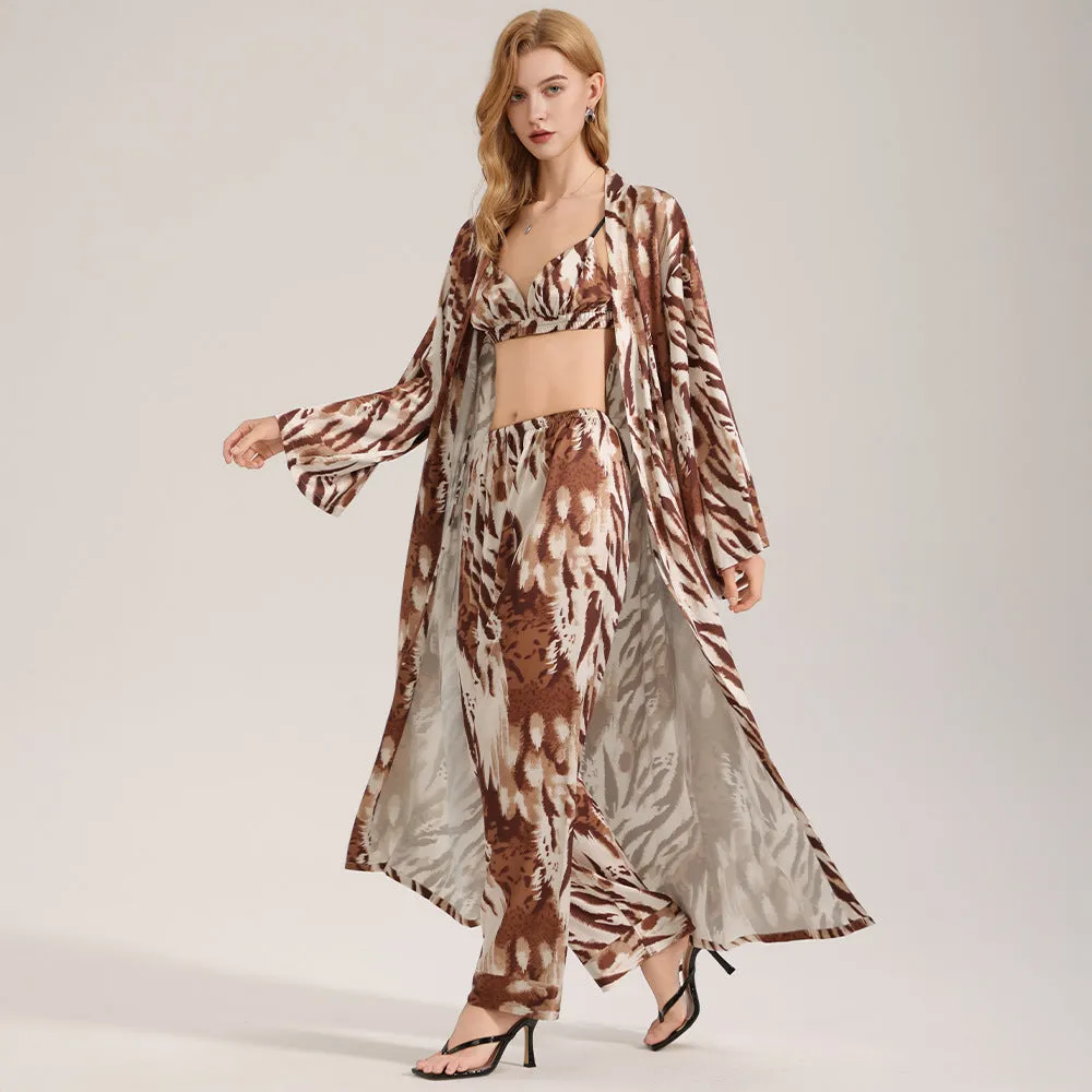 The Wild Elegance | Leopard Print Satin Three-Piece Sleepwear Set sold by Negative product image thumbnail 2