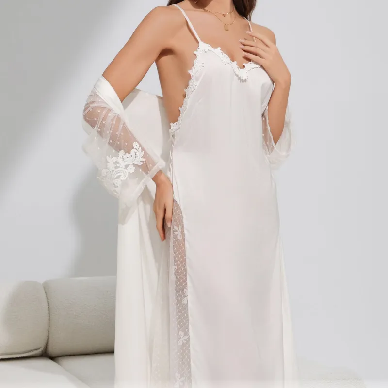 The Satin Serenity | White Satin Strap Slip Dress & Long Robe Two-Piece Set made by Negative