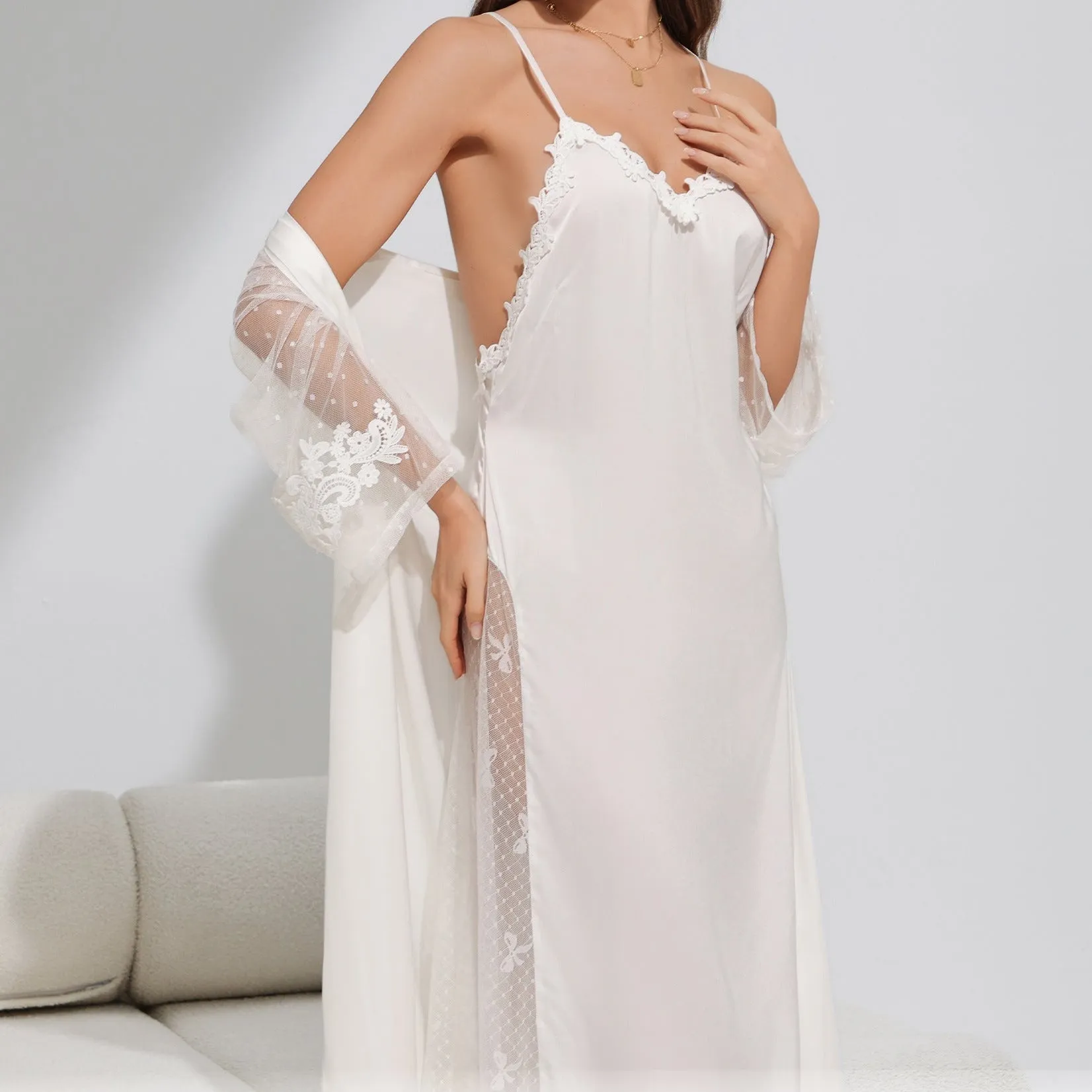 The Satin Serenity | White Satin Strap Slip Dress & Long Robe Two-Piece Set sold by Negative