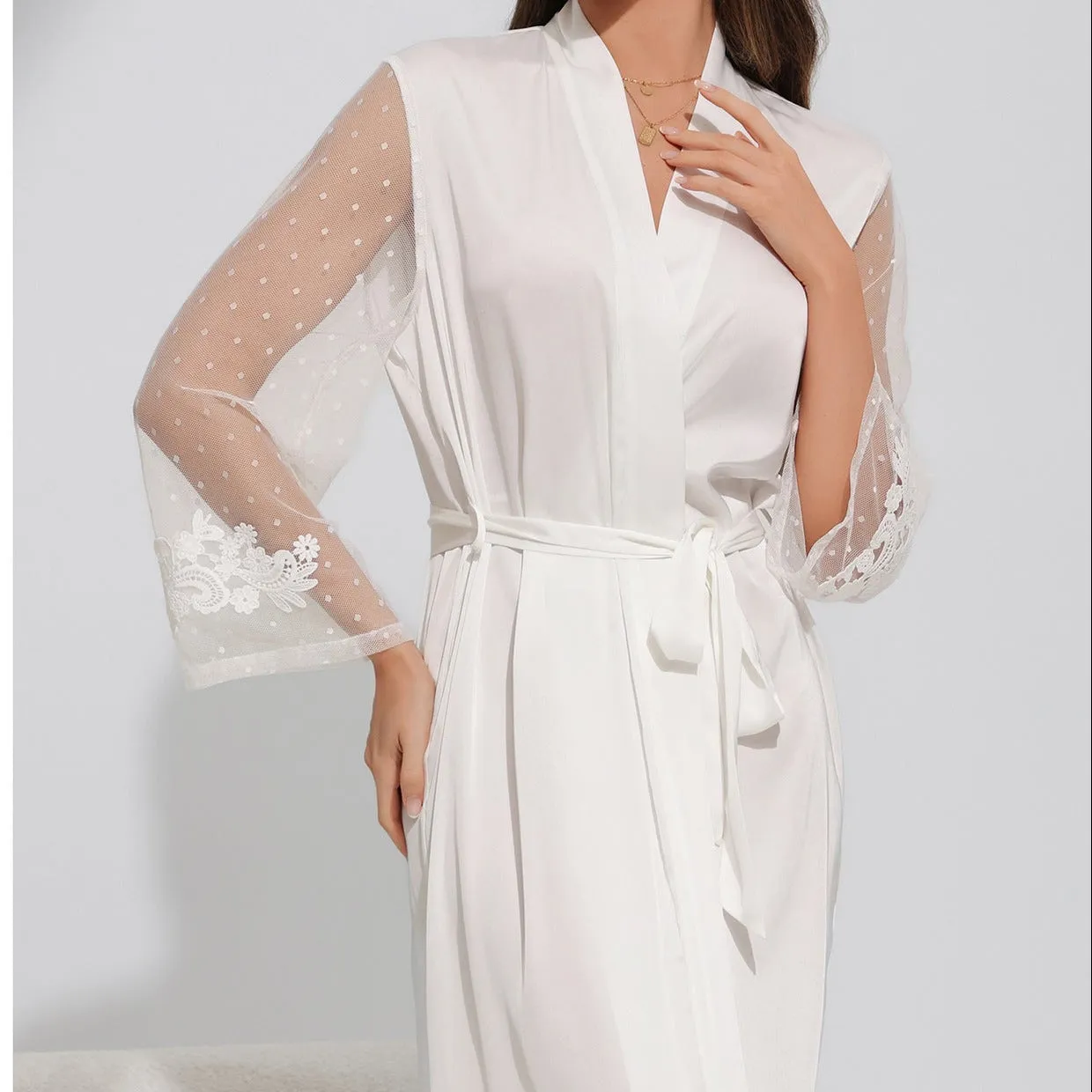 The Satin Serenity | White Satin Strap Slip Dress & Long Robe Two-Piece Set sold by Negative product image thumbnail 2