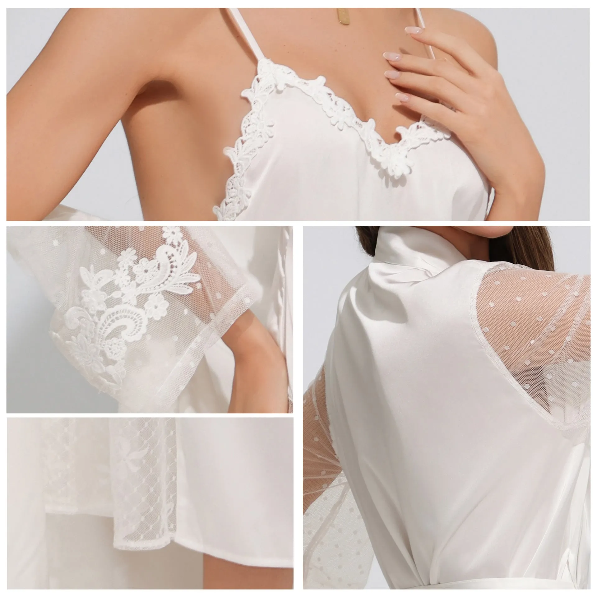The Satin Serenity | White Satin Strap Slip Dress & Long Robe Two-Piece Set sold by Negative product image thumbnail 3