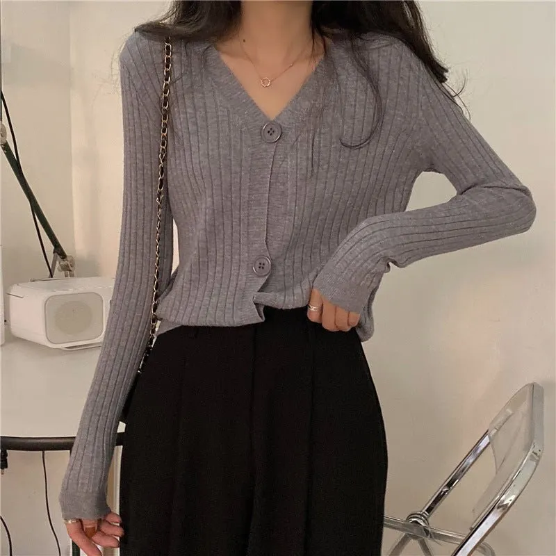 Slim-Fit V-Neck Cardigan for Women – Core-Spun Yarn MY881 – Temperament Commuter Style sold by Negative