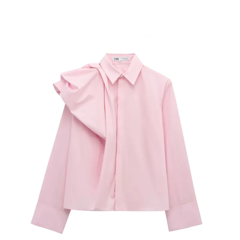 Women's White Poplin Shirt with Ruffle Shoulder Accent , European and American style made by Negative
