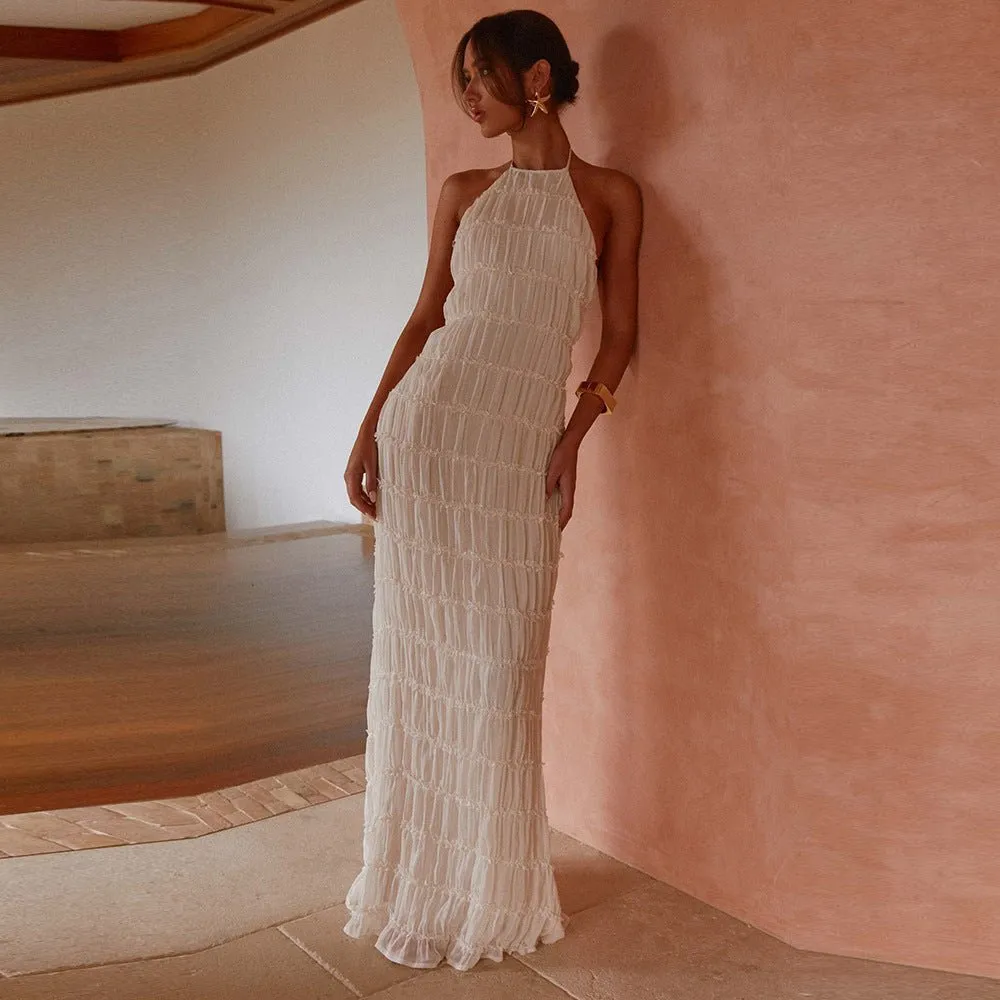 Ethereal Muse | Backless Pleated Halter Maxi Dress sold by Negative