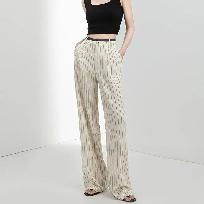 Linen summer thin high waist and thin drape women's small casual versatile striped narrow wide-leg pants made by Negative